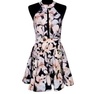 Lulu's Sleeveless Floral Print High Neckline Cutout Detail Skater Dress Size M